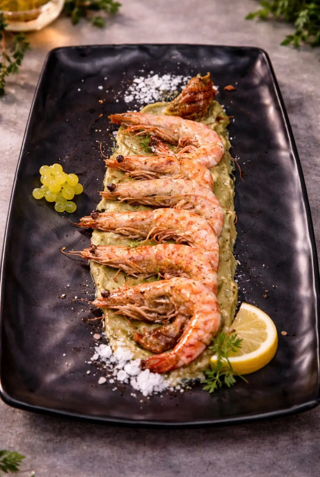 Gambas a la plancha en Pulpería Arrocería el Poal, Vinaròs, especialidad mediterránea con toque de limón y guarnición.