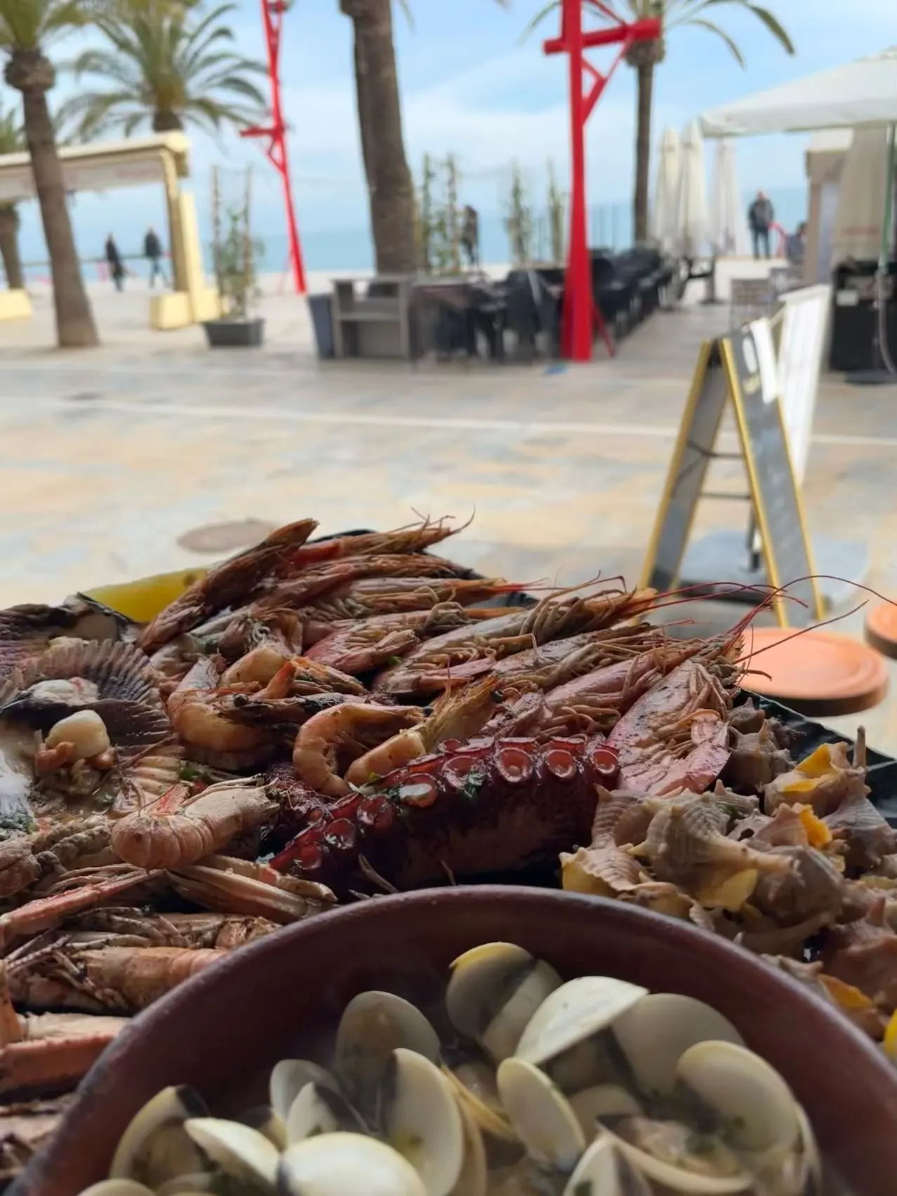 Mariscada en la terraza de Pulpería Arrocería el Poal en Vinaròs, con vistas al mar. Disfruta de tapas y arroces en un ambiente mediterráneo.
