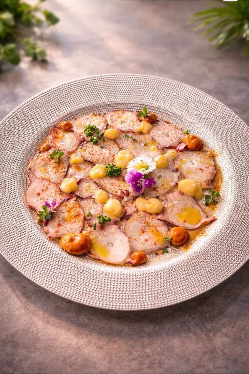 Pulpo a la brasa en Pulpería Arrocería el Poal, Vinaròs, especialidad mediterránea con presentación gourmet.